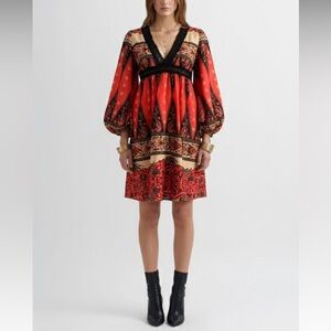 Manoush Boho Babydoll Y2K Silk Crochet Puff Sleeve Red Black V Neck Dress Small